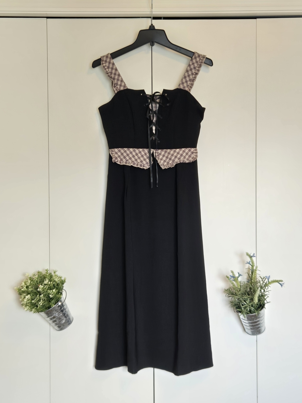 Black Midi Dress with Tweed-Trim Straps and Lace-Up Front